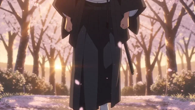 Samurai amid falling cherry blossoms