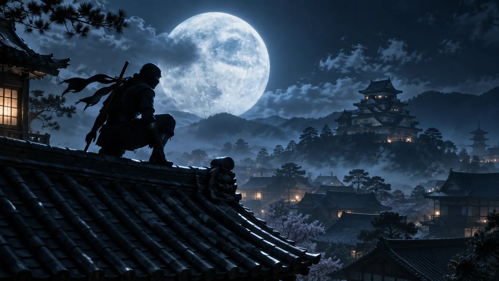 A ninja silhouetted on a moonlit rooftop