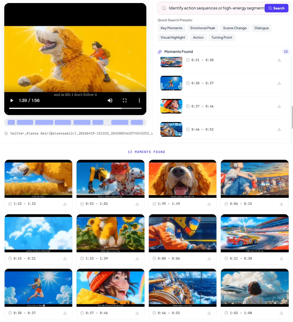 SearchByVideo search results — timestamps and confidence scores